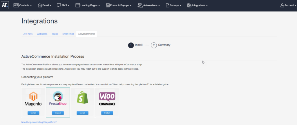 Ecommerce Shops Integration Screen