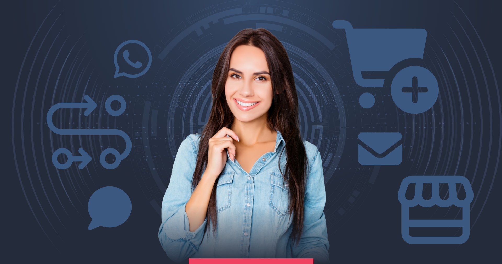 Woman smiling beside WhatsApp, cart, email and shop icons on a dark blue background