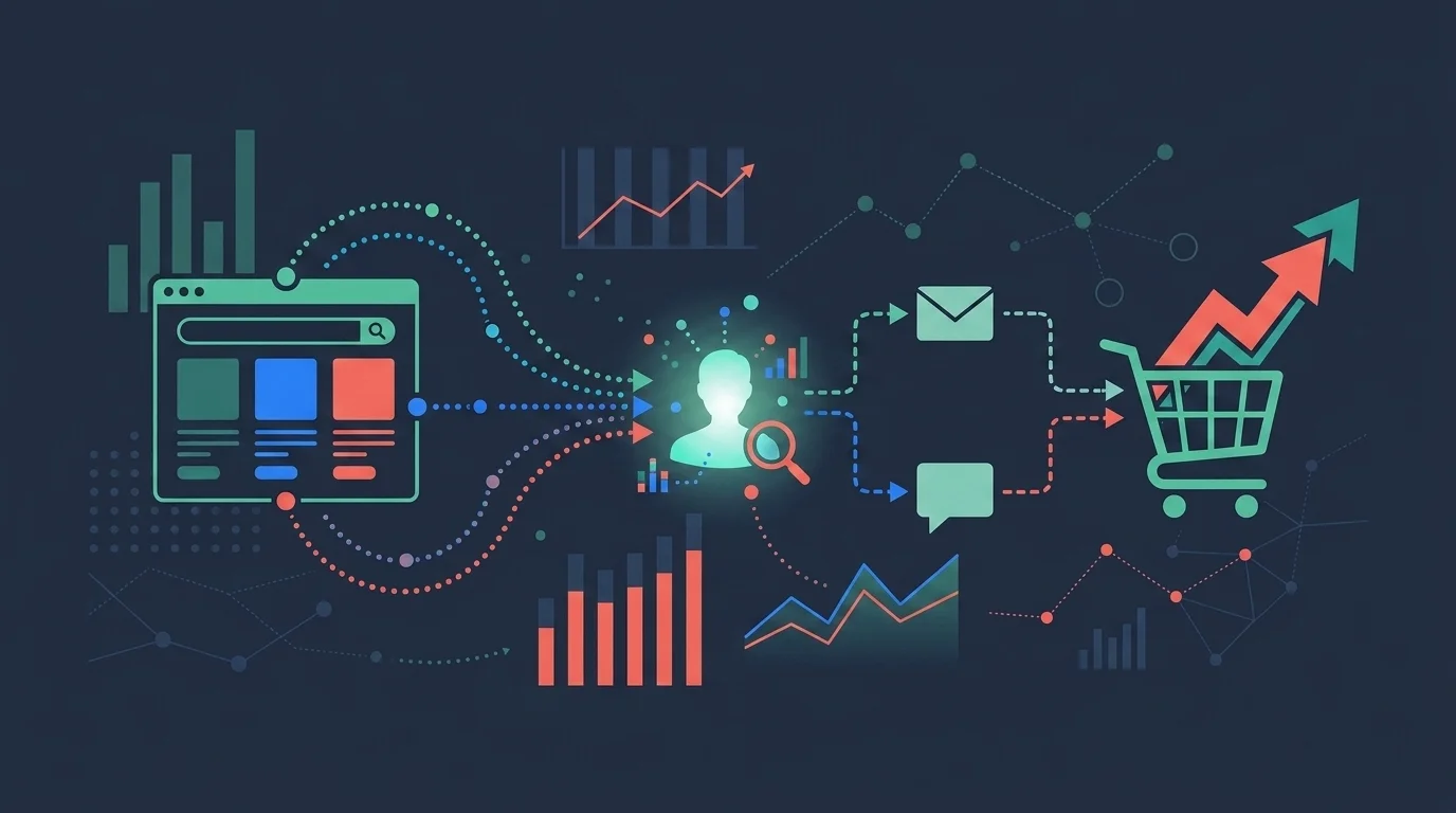 Illustration of e-commerce visitor data converting into sales through automated flows